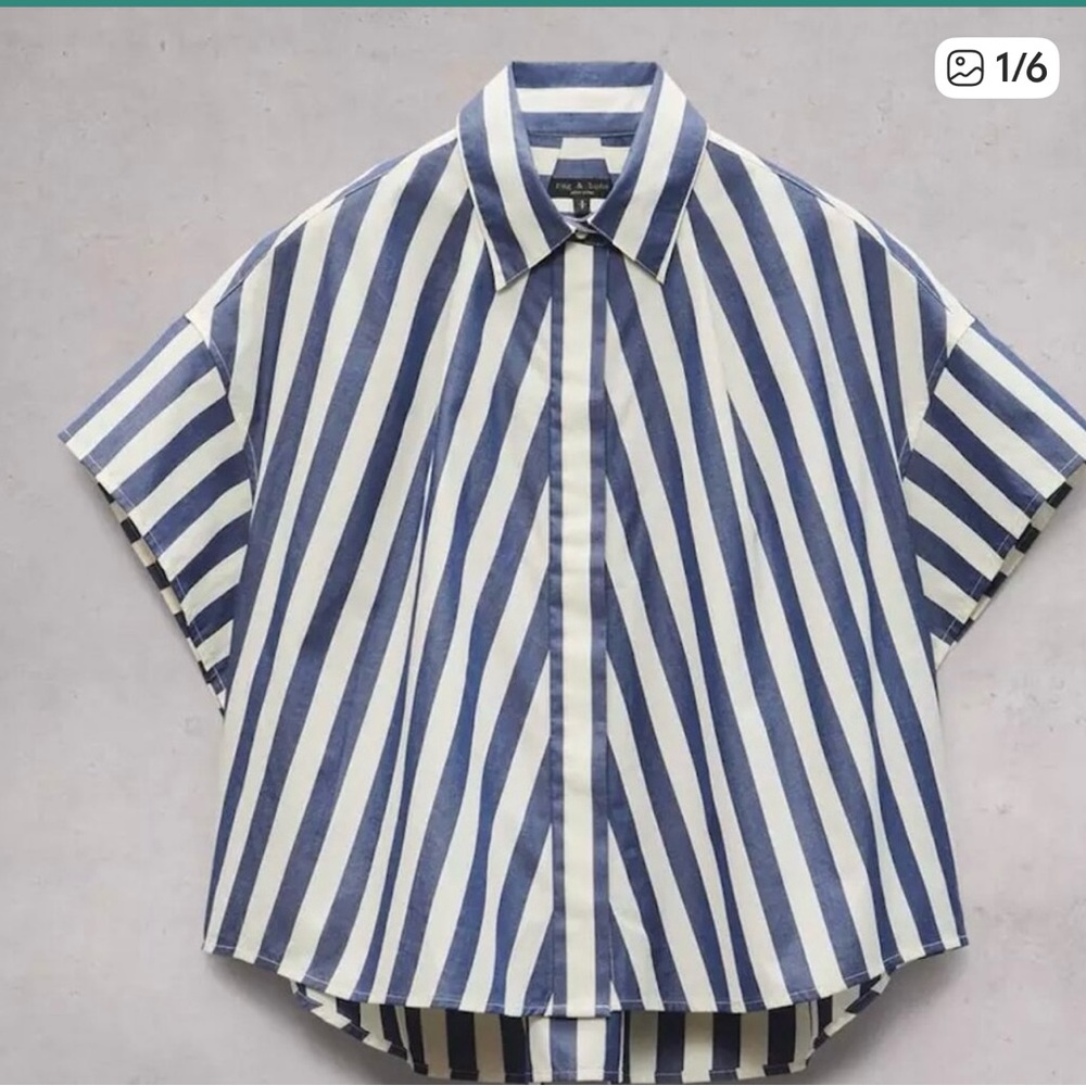 Rag & Bone Martha Striped Cotton Poplin Shirt - Dark Blue Stripe Sz Lg